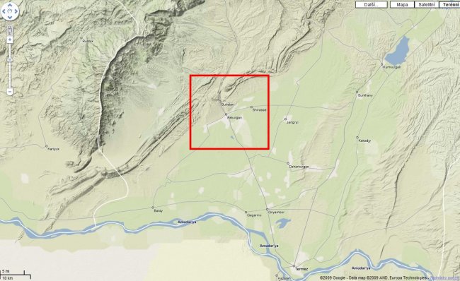Fig. 11 Map of Surkhandarya region, southern Uzbekistan, area of interest marked, source: Google Maps