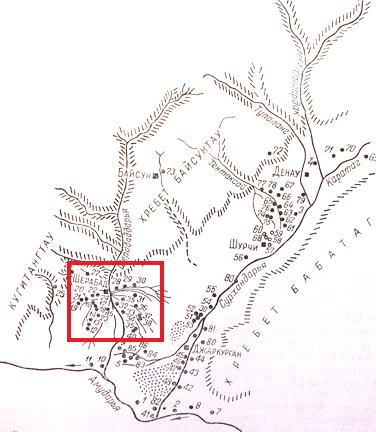 Archaeological map of Surkhandarya; source: RTVELADZE, Edvard Vasiljevič, 1974, p. 75, ris. 1.